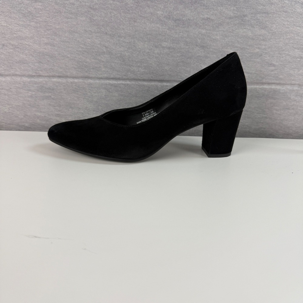 Hush Puppies Womens 7.5M Layran Pump Black Suede Leather Block Heel Pointed Toe